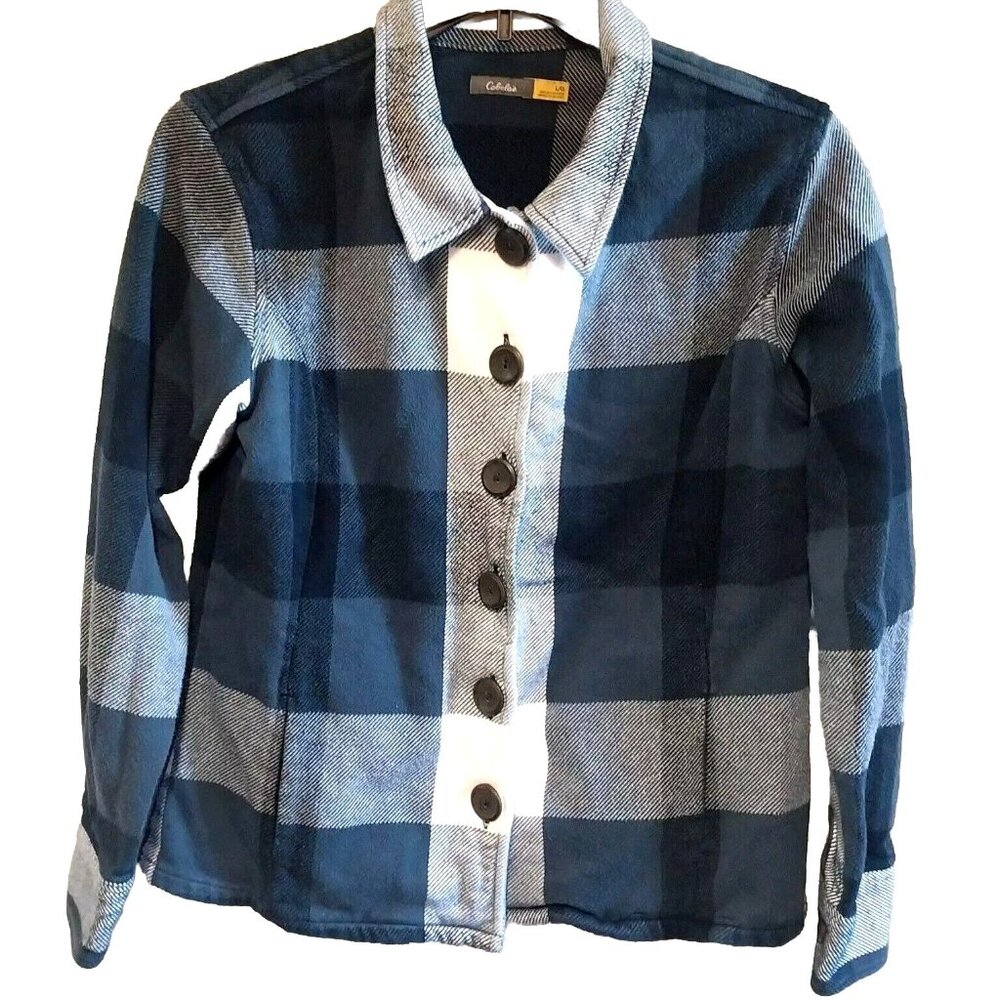 Cabelas Blue & White Buffalo Check Flannel Jacket With Side Pockets Outdoor